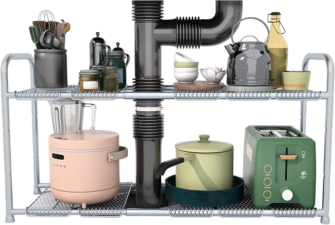 STO STO Under Sink Organizer and Storage, 2-Tier Expandable Kitchen Bathroom Organizer Under Sink with 10 Removable Steel Panels - Extend From 18.5 to 30 Inches, Silver