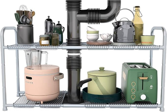 STO STO Under Sink Organizer and Storage, 2-Tier Expandable Kitchen Bathroom Organizer Under Sink with 10 Removable Steel Panels - Extend From 18.5 to 30 Inches, Silver