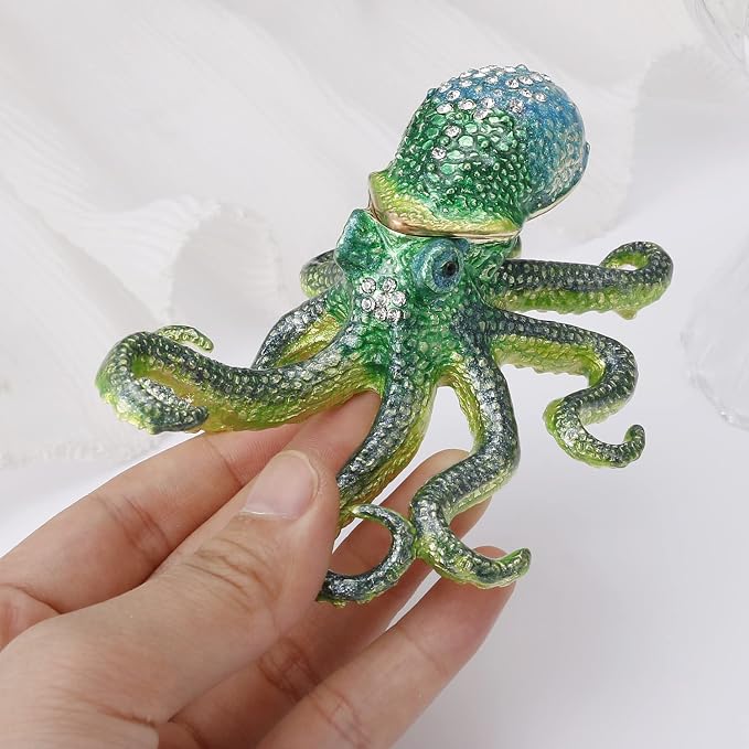 Hand Painted Animal Trinket Box for Home Decor, Hinged Jewelry Organizer Storage, Unique Personalized Collectible Keepsake Figurine Handmade Decorative Ornament Gifts (Octopus)