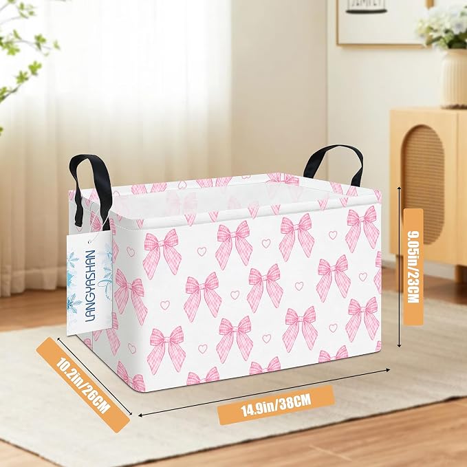 Rectangular Collapsible Pink Bowknot Storage Basket Organizer | Storage Bin Foldable Canvas with Handles for Organizing Home Kitchen Children Toys Office Closet Shelf Baskets