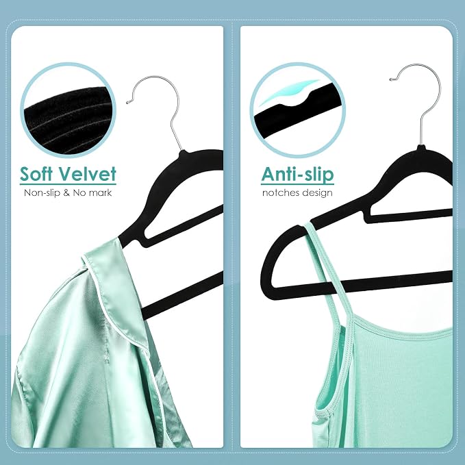 DUDUCOFU Velvet Hangers Non Slip Felt Hangers, 50 Pack Black Velvet Clothes Hangers Space Saving Slim with 360 Degree Swivel Hook for Suits Coats, Jackets, Pants, and Dress Clothes