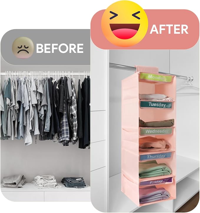 5 Shelf Days of The Week Clothes Organizer for Kids Weekly Outfits(Pink) | Weekly Clothes Organizer Monday Through Friday, Daily Hanging Closet Storage Shelves with 6 Side Pockets for Dorm Room