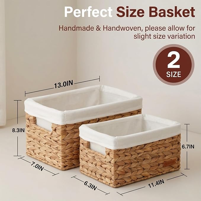Water Hyacinth Wicker Baskets for Storage, Handwoven Rattan Shelf Basket for Organizing Pantry Closet Bedroom, 100% Natural Decorative Woven Organizer with Handles and Waterproof Canvas, 4 Pack
