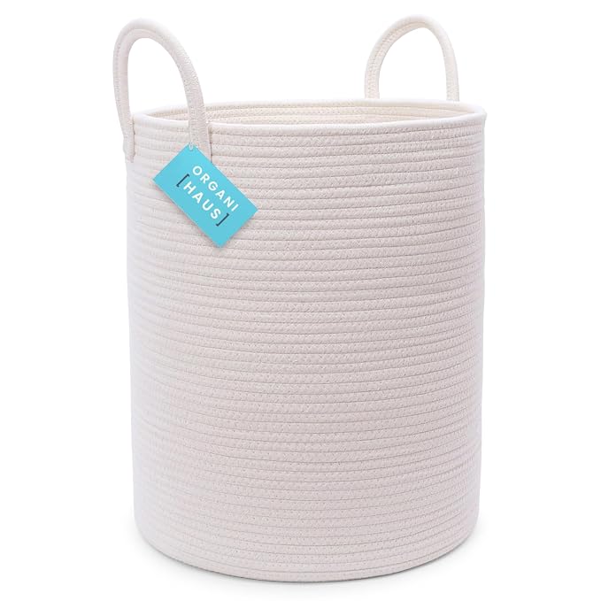OrganiHaus Tall Cotton Rope Laundry Basket & Hamper, Blanket Storage 52L | Full Off-White - Tall Cotton Rope Hamper, 52L