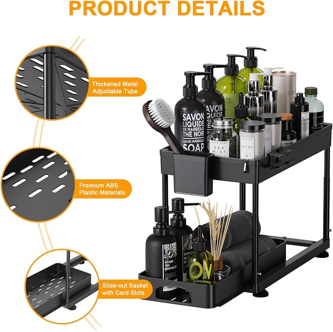 Under Sink Organizers and Storage, 2 Pack Height Adjustable Bathroom Cabinet Organizer, 2 Tier Sliding Under Sink Organizer, Sturdy Pull Out Bathroom Storage, with 12 Hooks & Hanging Cups, Black