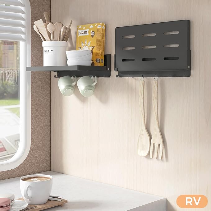 Small Folding Metal Shelf with Hooks, RV Fold-Down Wall Shelf, 6 Hooks, Drop Down Floating Shelf for Laundry Room, Kitchen, Bedside, Toilet Room, Bathroom, Utility, Black（11.8", 1 Pack）