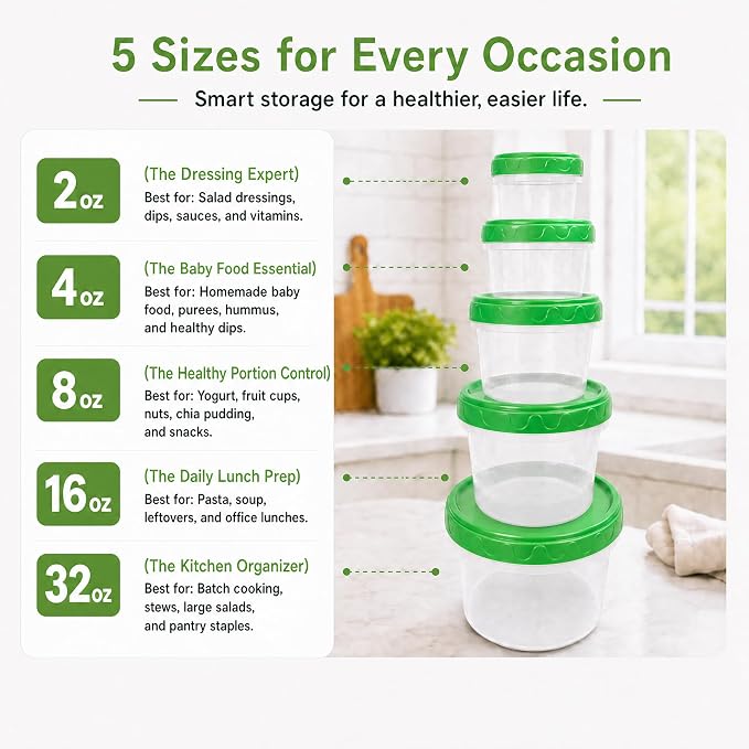 EONJOE 4oz Airtight Plastic Food Storage Containers with Lids, 12pcs | Dishwasher safe ,Freezer safe ,BPA free,Reusable,Round jars ,Perfect for salad dressing sauce lunch to go