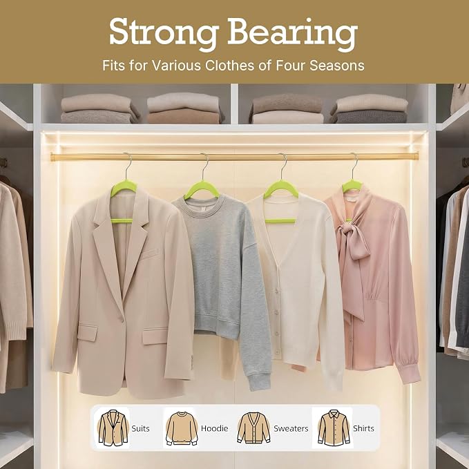 HOUSE DAY Vibrant Green Velvet Hangers 60 Pack, Non Slip Clothes Felt Hanger Heavy Duty for Coat, Premium Slim Space Saving Suit Hangers for Closet Organizer, 360° Rotating Silver Hook