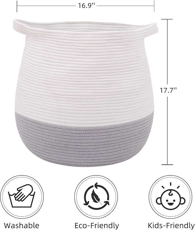 Large Cotton Rope Basket, Woven Storage Basket for Toy, Laundry and Blanket Organizer Basket, Round Hamper Basket with Handles for Kid's Room 17.7"x16.9"