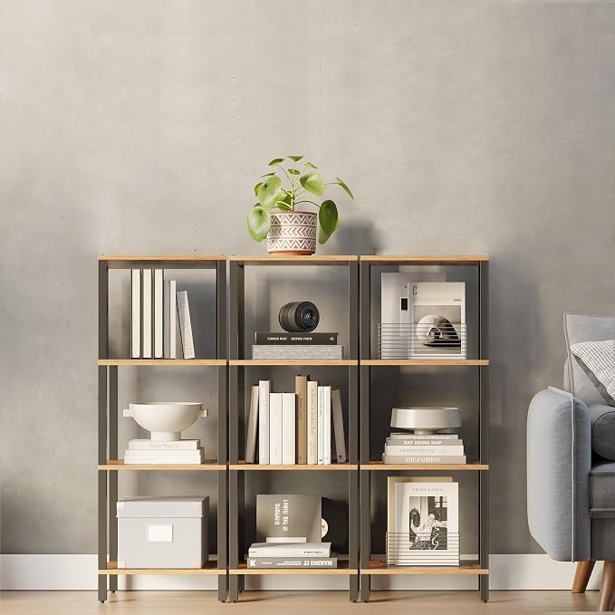 TUTOTAK Bookshelf, 4-Tier Tall Book Shelf, Narrow Bookcase for Small Space, DIY Stackable Bookshelf, for Living Room, Office, Study, Entryway, Industrial, Rustic Brown BS01BB004