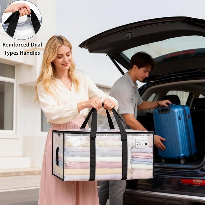 Oversized 6 Pack Moving Bags with Reinforced Handles,Heavy-Duty Moving Boxes with Zippers & Carrying Handles,Foldable Storage Totes For Space Saving,Transparent Storage Bags for College Dorm,Traveling