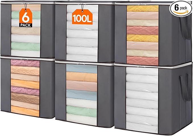 Lifewit 100L Extra Large Blanket Storage Bags, Foldable Comforter Storage with Reinforced Handles, Clothes Storage Containers for King Comforter, Bedding, Pillow, Sheet, Storage Bin with Lids 6 Pack