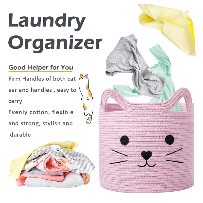 VK VK·LIVING Cat Toy Basket Cute Cotton Rope Animal Storage Pink Laundry Baskets for Toys, Clothes,Gifts,Towels, Blankets, Pet Bed Pink Laundry Hamper for Organizing 15''x14''