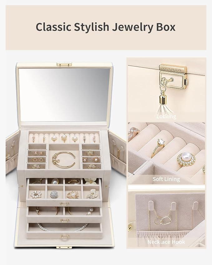 VLANDO Jewelry Box for Mothers Day Teacher Appreciation Gifts, 4-Tier Jewelry Organizer with Lock, Mirror Jewelry Box for Earring, Ring, Necklace, Jewelry Storage for Women Girls - Beige