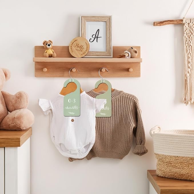 Whaline 7Pcs Green Wooden Baby Closet Size Dividers with Green Velvet Bag Newborn to 24 Month Thicken Infant Wardrobe Hanger Organizers for Home Nursery Supplies
