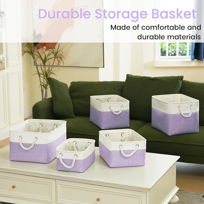Storage Baskets for Shelves 11.8x7.9x5.2 Inch, Foldable Fabric Storage Bins with Handles, Small Storage Baskets for Organizing Closet, Office, Home Organization (1-Pack, White&Purple)