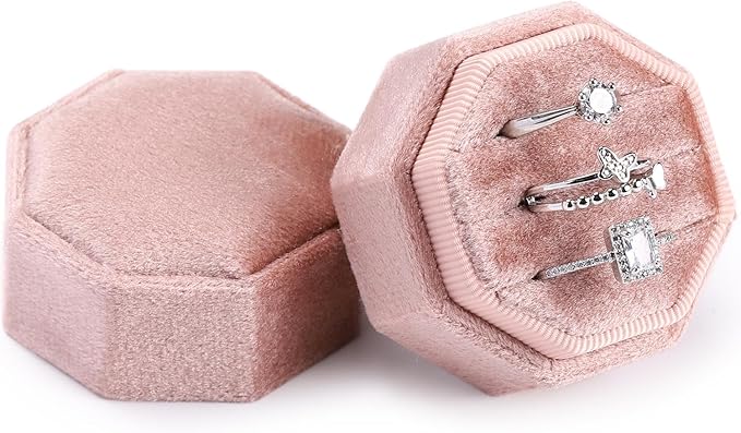 WantGor Velvet Ring Box, 3 Slots Jewelry Ring Gift Box Vintage Ring Holder | Ring Display Case for Wedding Ceremony Proposal Engagement (Blush Peach)