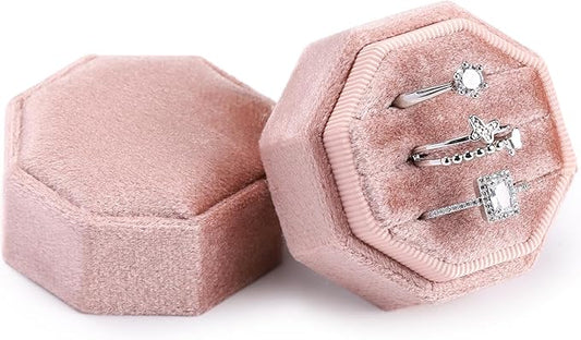 WantGor Velvet Ring Box, 3 Slots Jewelry Ring Gift Box Vintage Ring Holder | Ring Display Case for Wedding Ceremony Proposal Engagement (Blush Peach)