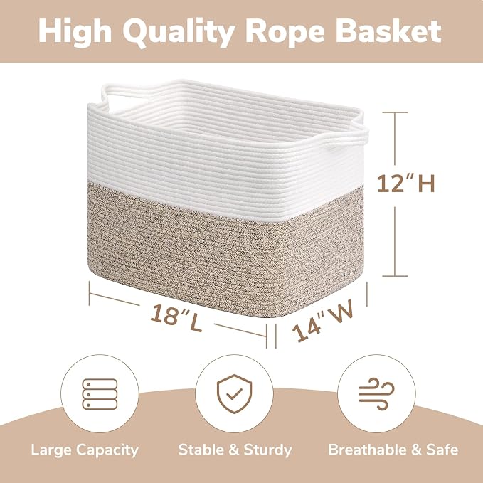 Goodpick Woven Baskets for Organizing, 18" x 14" x 12" Blanket Storage for Living Room Home Decor, Rectangle Toy Storage Basket for Kids, Large Gift Baskets Empty, White & Brown
