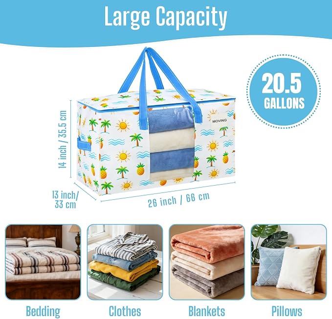 VENO 10 Pack Heavy Duty Moving Bags, Clothes and Comforter Storage Bags with Clear Window, College Dorm Essentials Packing Supplies, Foldable Boxes Alternative (Tropical Island, 10 Pack)
