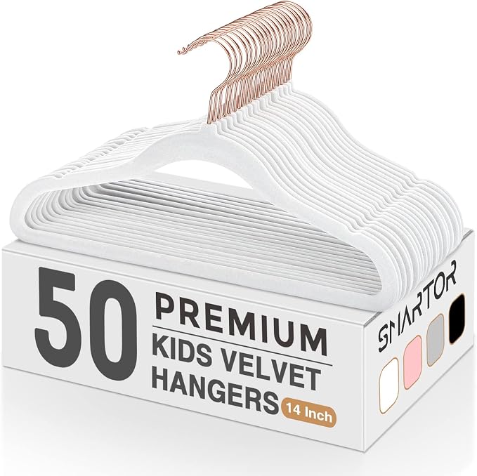Smartor Kids Velvet Hangers 50 Pack, 14 Inch Premium Non Slip Kids Felt Hangers for Closet, Space Saving Toddler Clothes Hanger for Youth's Childrens' Clothes (Rose Gold Hook)- White
