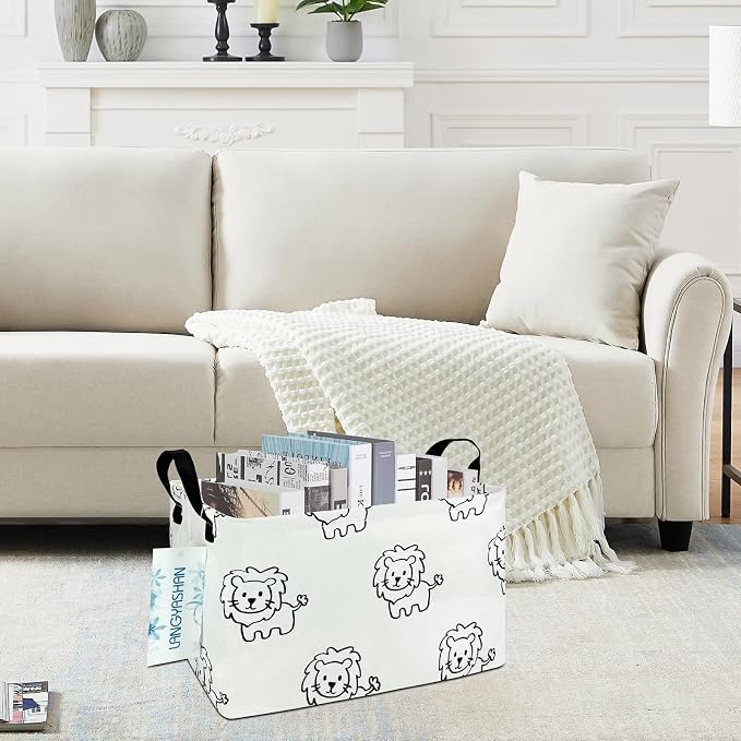 Rectangular Collapsible Lion Storage Basket Nursery Organizer | Storage Bin Foldable Canvas with Handles for Organizing Home Kitchen Children Toys Office Closet Shelf Baskets