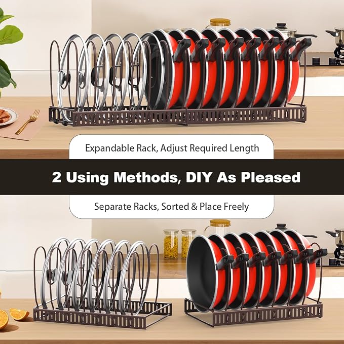 Housolution Pot and Pan Organizer Rack for Cabinet, Expandable Pot Lid Organizer with 15 Adjustable Dividers, Pan Holder Storage Rack for Kitchen Cabinet, Bronze