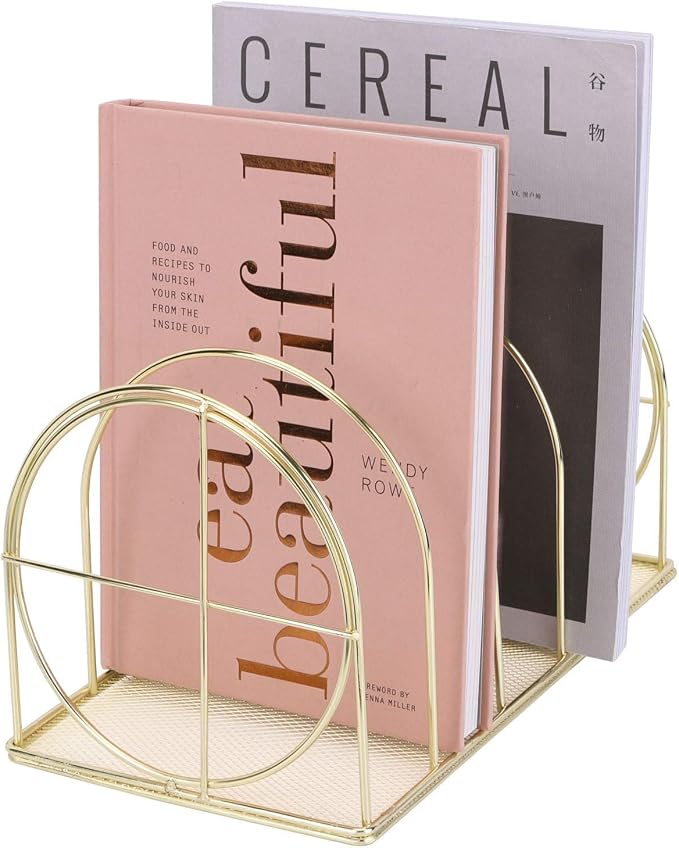 File Sorter Organizer, 5 Section Magazine Holder Rack, Desktop Round Wire Book Stand for Mail, Paper, Document, Folder, Record and Desk Accessories, Gold