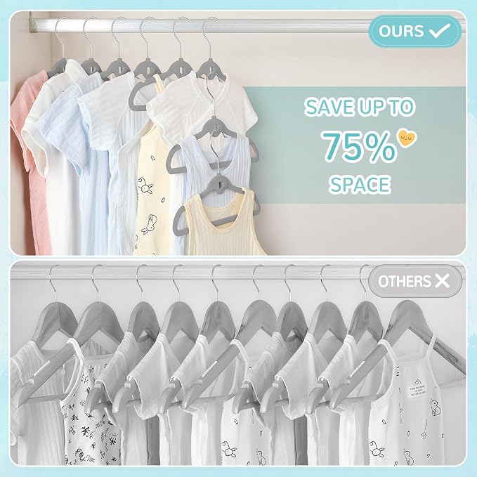 Baby Velvet Stackable Hangers 30 Pack, 11 Inches Gray Kids Clothes Hanger for Closet, Non Slip Toddler Infant Hangers for Nursery, Thin Space Saving Children Felt Hanger with 360° Swivel Hooks