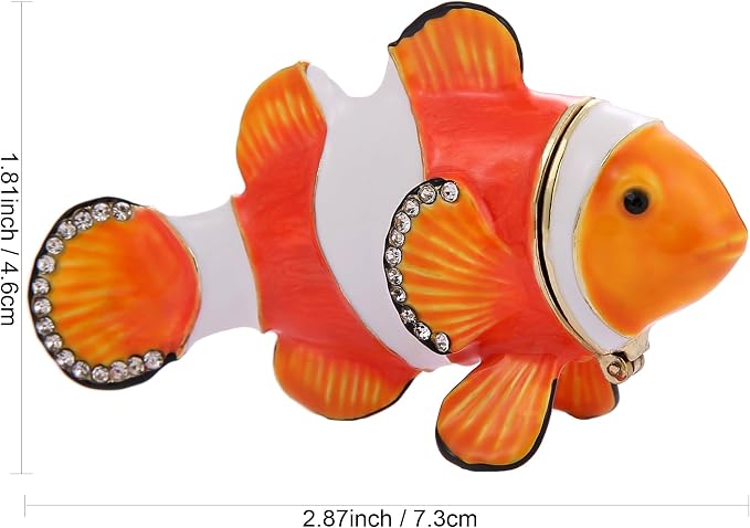 Hand Painted Animal Trinket Box for Home Decor, Hinged Jewelry Organizer Storage, Unique Personalized Collectible Keepsake Figurine Handmade Decorative Ornament Gifts (Clownfish)
