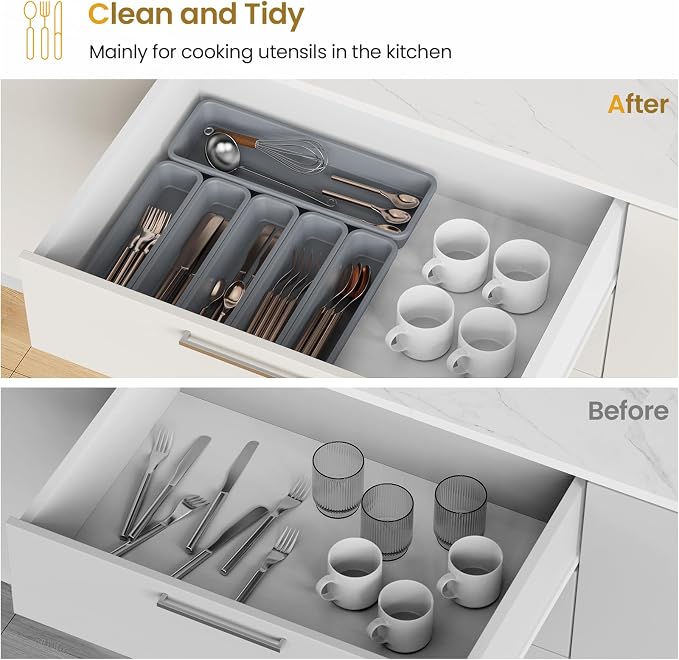 6 Pack Silicone Drawer Organizer for Kitchen, DIY Free Combination Silverware Organizer, Utensil Drawer Organizer, Moisture-proof and Heat-resistant up to 200°C, Anti-slip Design (Grey)