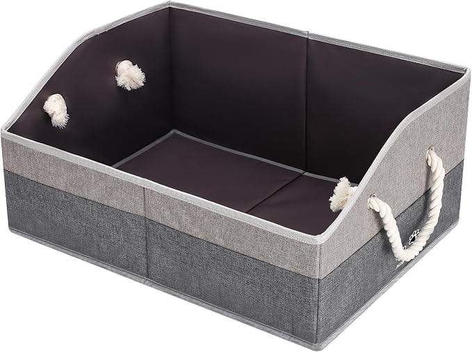 Large Dog Toy Basket with Handle, Foldable Dog Toy Box for Living Room Area , 20" Basket for Dog's Supplies, Organizer and Storage with Hard Board, Anti-Slip for Pet Toys (Gray, Medium 20"×15")