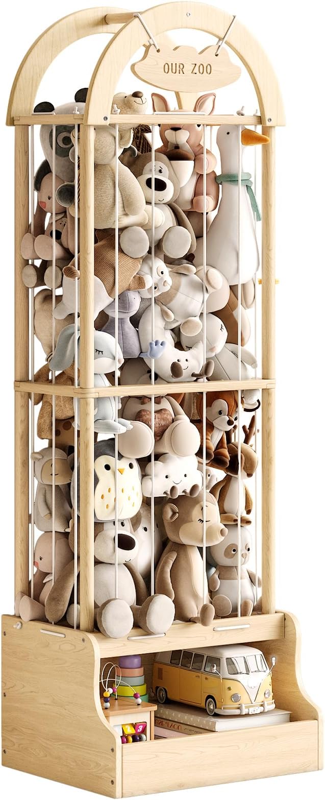 Arched Stuffed Animal Storage Organizer, Wooden Stuffed Animal Zoo Holds 50+ Plush Toys, FSC Pine Wood Plush Toy Holder with Thick Elastic Cords, Open Bottom Cubby for Kids Room Nursery Playroom