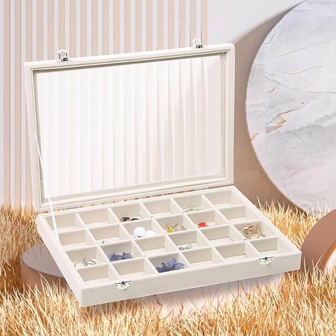 Stratalife Jewelry Organizer Jewelry Tray with See-through Lid 24 Grids Earring Display Showcase Large Velvet Storage Box for Earring Necklace Rings Dice Beige
