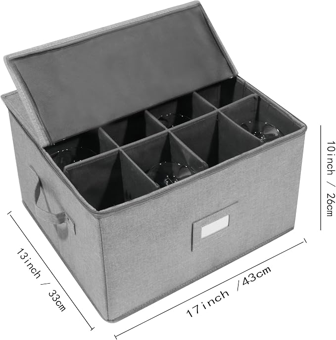 popoly Stemware Storage Cases, Wine Glass Storage Box Containers with Dividers, Stackable China Storage Containers for 12 Wine Glasses, Drinkware, Glassware or Crystal (Light Grey)