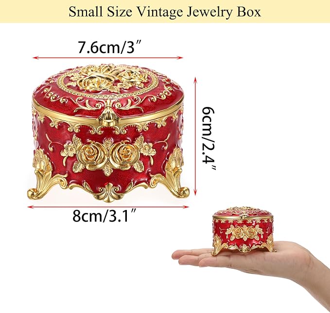Hipiwe Vintage Metal Jewelry Box - Small Trinket Organizer Ring Box Case with Rose Pattern Jewelry Storage Box for Ring Earrings Necklace, Keepsake Box for Women,Red