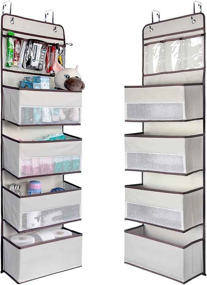 NesTidy 2 Pack Over The Door Organizer Storage, Wall Mount Hanging Organizer with 4 Large Capacity Pocket Organizers and 3 Small Pockets for Baby Essentials, Toys, Cosmetics, and Sundries (Beige)