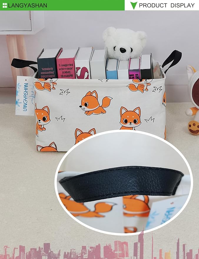 Rectangular Collapsible Storage Basket Nursery Organizer Fox | Storage Bin Foldable Canvas with Handles for Organizing Home Kitchen Children Toys Office Closet Shelf Baskets