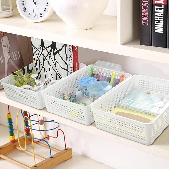 Plastic Storage Trays Baskets/Organizing Baskets, Set of 6 (White) | 13.2 Inches x 9.6 Inches x 3.6 Inches, Perfectly Fits A4 Papers, Documents and Daily Small Supplies