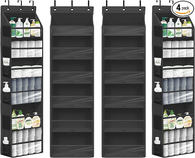 Over Door Organizer with 6 Extra Large Pockets 12 Side Pockets, Sturdy Closet Storage Rack, Hanging Storage Organizer with Clear Window for Shoes, Diaper, Bedroom, Bathroom, Black, 4-Pack