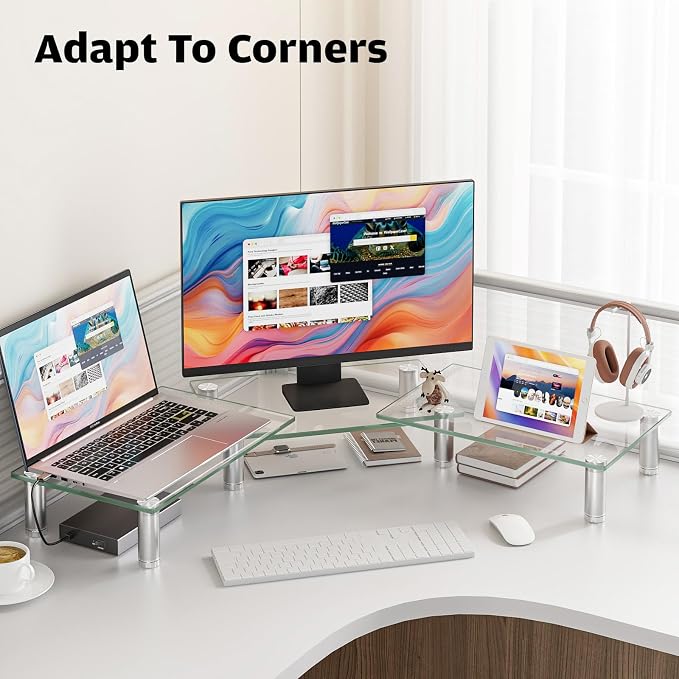 Hemudu Dual Monitor Stand -Adjustable Length and Angle Dual Monitor Riser, Desktop Organizer for PC, Computer, Laptop (Clear)