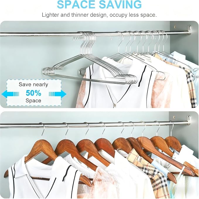 Hangers 100 Pack Clothes Hangers, Non Slip Coat Hanger Clothing Hanger Heavy Duty Metal Wire Hanger, Space Saving Ultra Thin Stainless Steel Skirt Suit Pants Hangars 16.5 Inch