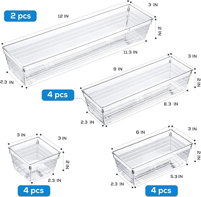 DCA 14 PCS Clear Plastic Drawer Organizer Tray for Makeup, Kitchen Utensils, Jewelries and Gadgets