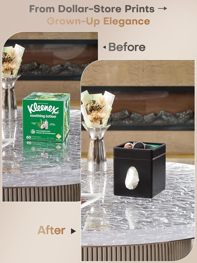 Square Tissue Box Cover Holder with Tray for Kleenex/Puffs Cubes | Gift-Ready for Entryways/Vanities | Stardust Black/Polar Ice/Liquid Iridium | Patented Metal-Look PU Leather-Stardust Black