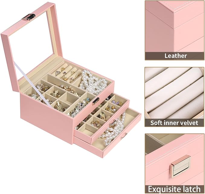 BOOVO Clear Lid Jewelry Box,3 Layers Jewelry Organizer Large Jewelry Storage Box with 2 Drawers,Jewelry Holder Organzier of Rings Earrings Necklace Bracelets for Women (Pink, 3 Layer)