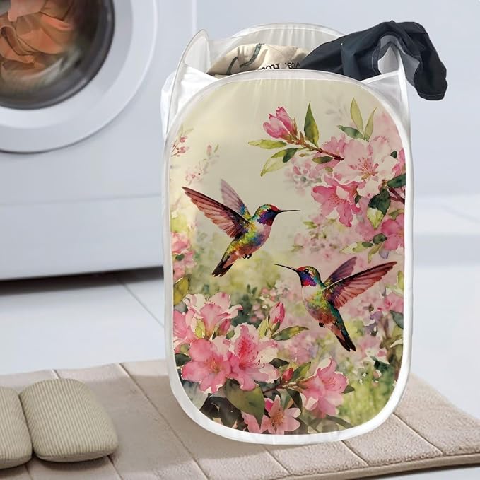 AFPANQZ Laundry Hamper Portable Collapsible for Storage and Easy to Open Folding Pop-Up Clothes Hampers Hummingbird Floral Nursery Baskets for College Dorm Hotel Home or Travel 61L