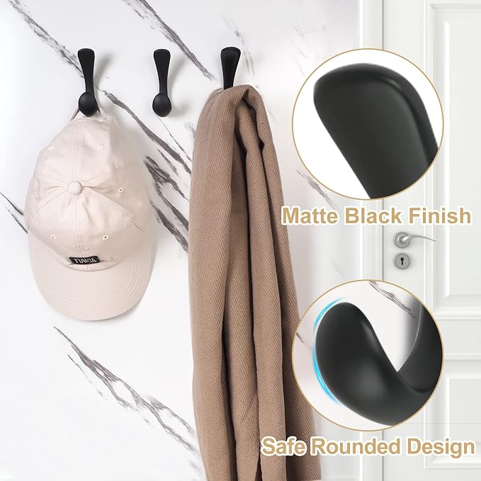 2 Pack Towel Hooks for Bathrooms Wall Mounted, Matte Black Bathroom Hooks for Towels, Robe & Towel Hook for Wall, Modern Black Bath Towel Hook