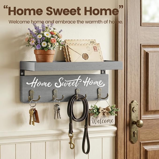 buways Key Holder Wall Mount with 4 Double Hooks-Solid Wood Wall-Mounted Organizer for Keys&Mail Rustic Key Rack Hanger Holder Home Decor for Entryway Living Room (Gray)