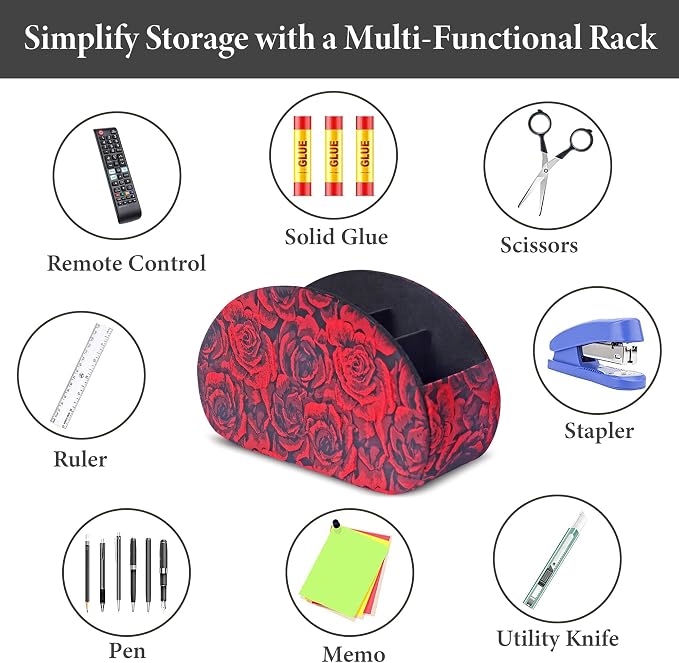 Remote Control Holder, PU Leather Remote Caddy Desktop Organizer with 5 Spacious Compartments for TV Remotes/Media Controllers/Office Supplies (1-3D Rose Red