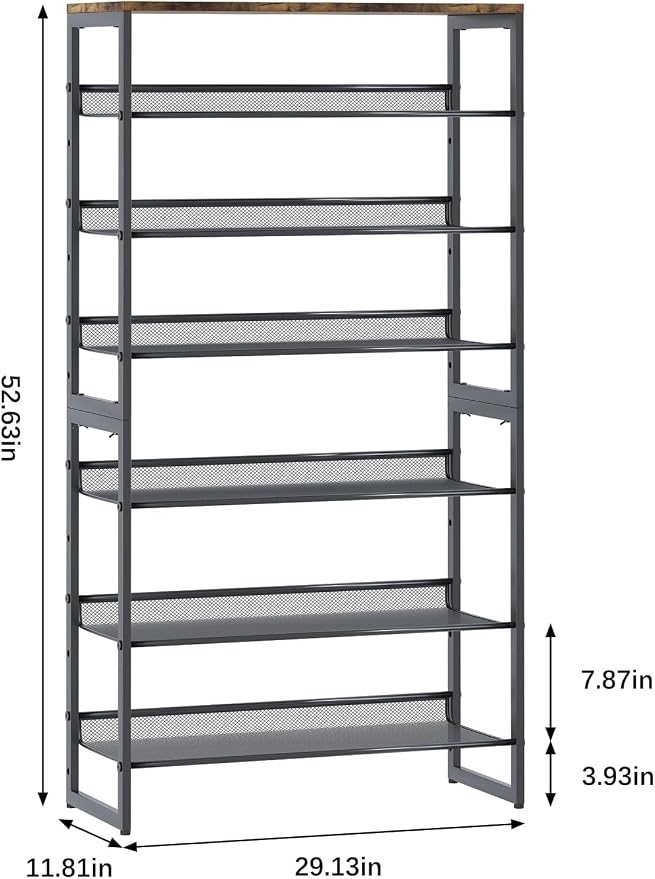 Garden 4 you Shoe Rack for Entryway 7 Tiers 11.8" D x 29" W x 52" H, Metal Shoe Rocks with Brown Wooden Tabletop, Angled Shoes Rack with Adjustable Mesh Shelves for Entryway Hallway Closet